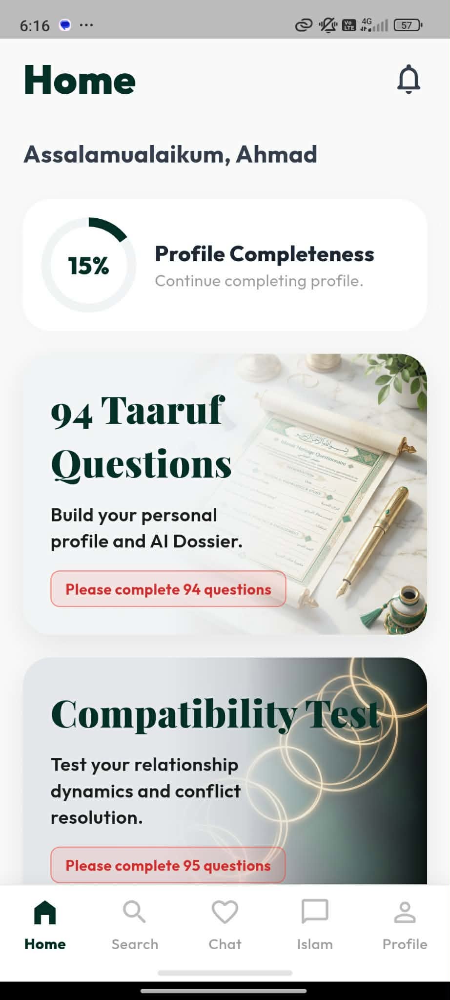 Halal matchmaking Android app home screen showing profile completeness and taaruf questionnaire