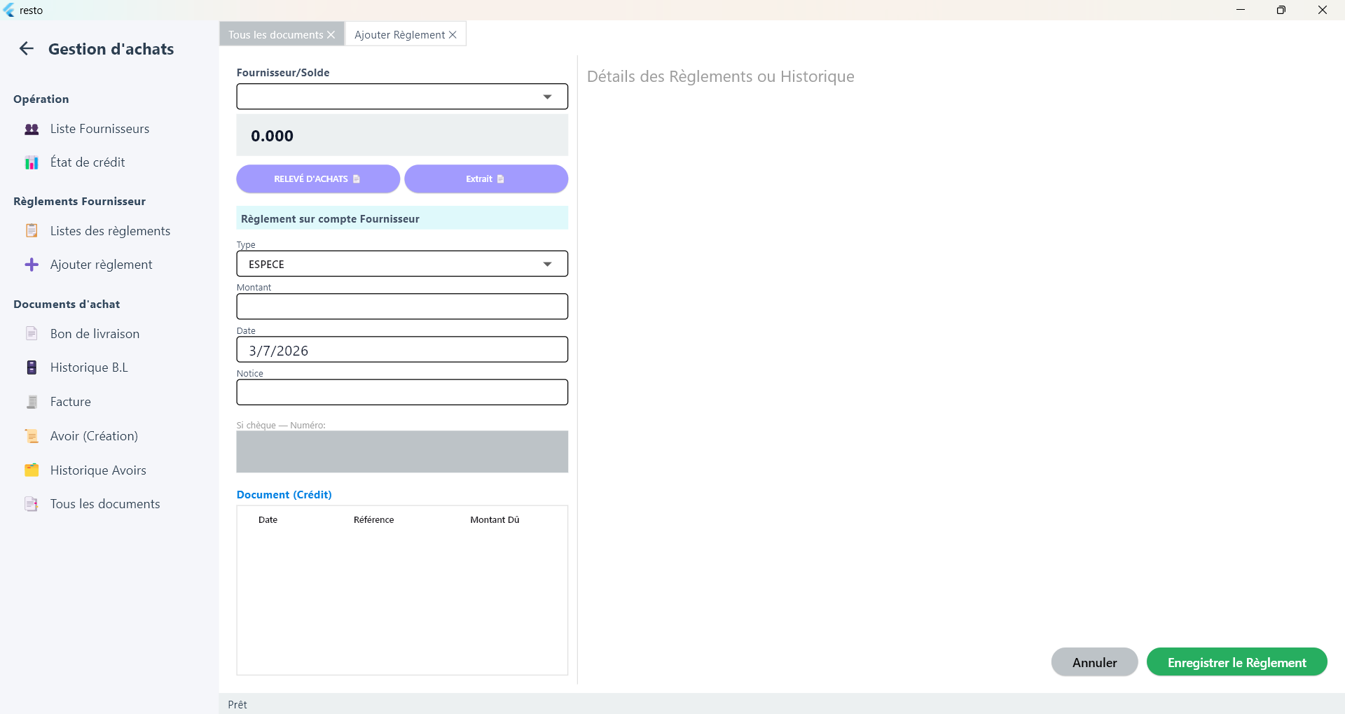 POS Android app — supplier purchasing and payment management screen