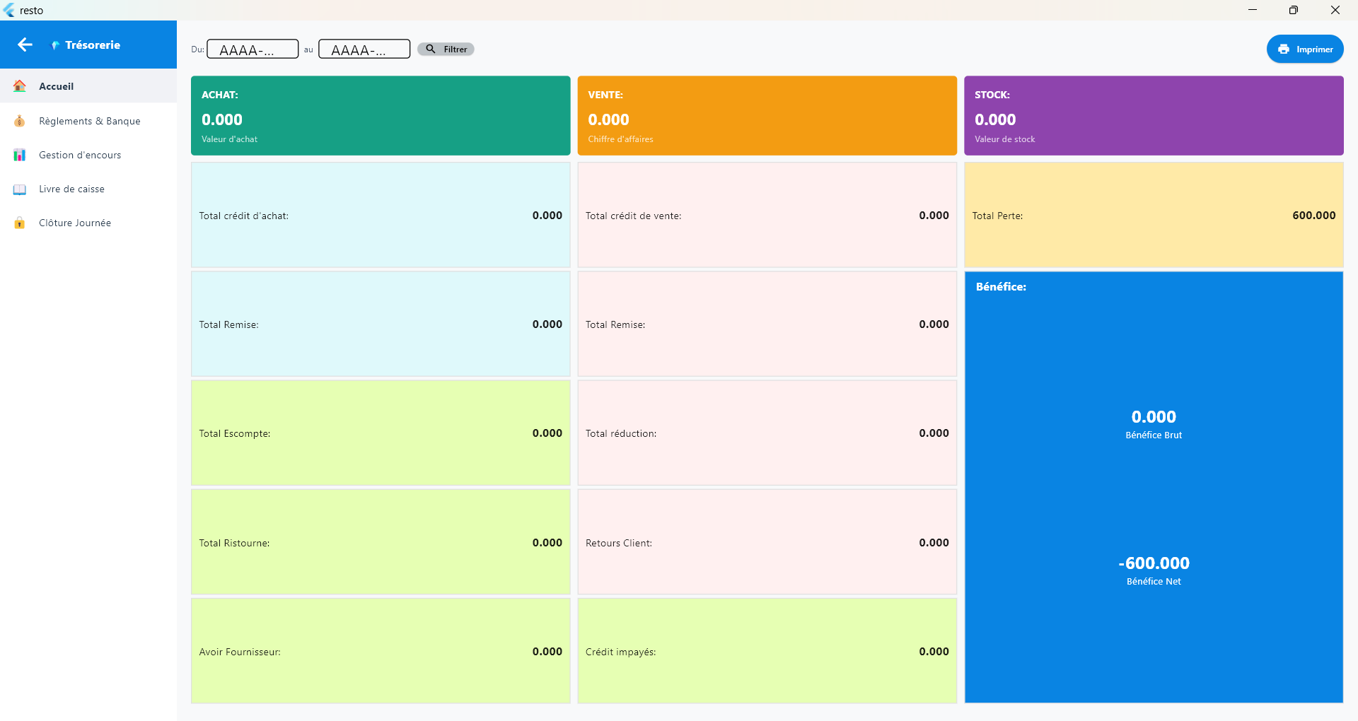 POS Android app — treasury dashboard showing purchases, sales, and stock value in real time