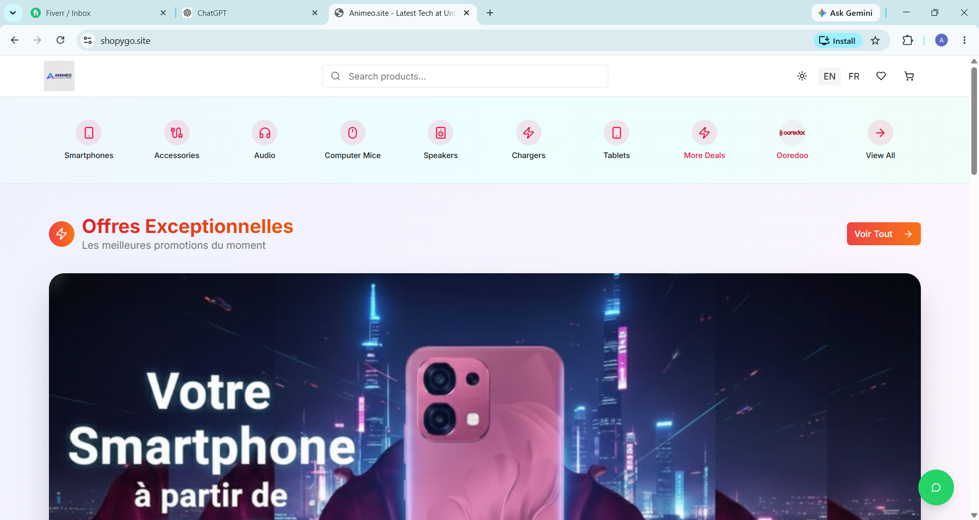 E-commerce storefront homepage with category navigation including Ooredoo, and a promotional hero banner