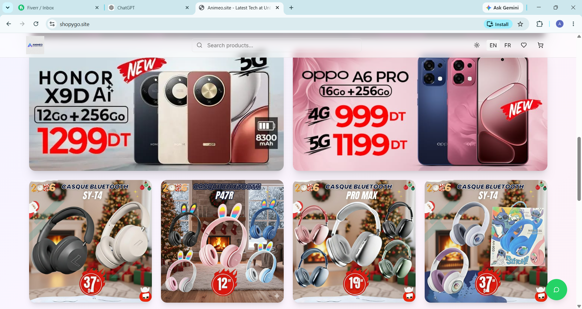 E-commerce storefront product listings showing phones and Bluetooth headsets with pricing