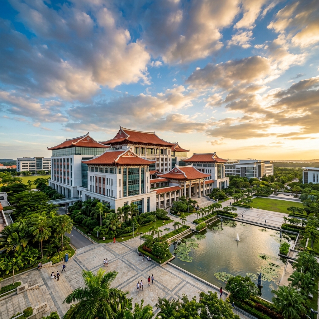 Xiamen University Malaysia campus — modern academic architecture with tropical greenery